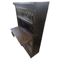 Early 20th C Oak Leaded Glass Bookcase W Desk attributed to Globe Wernicke 