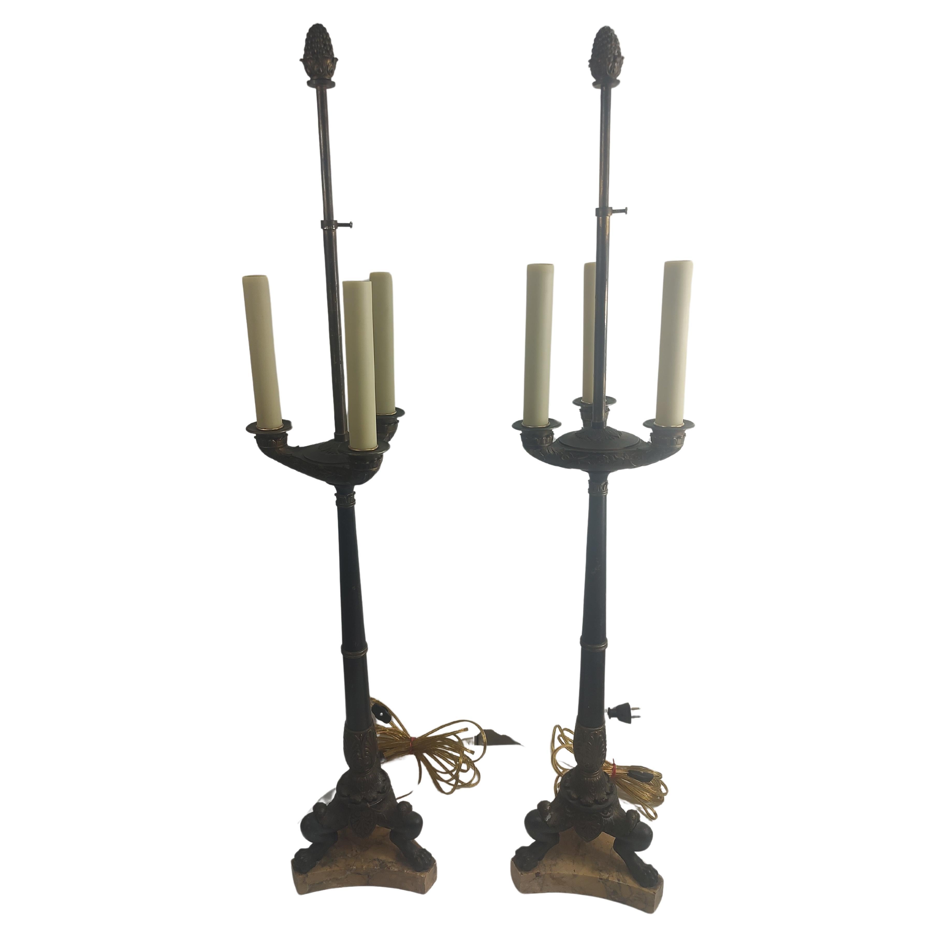 Pair of Tall Bronze Egyptian Revival Candelabra Style Table Lamps C1900 For Sale
