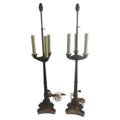 Antique Pair of Tall Bronze Egyptian Revival Candelabra Style Table Lamps C1900
