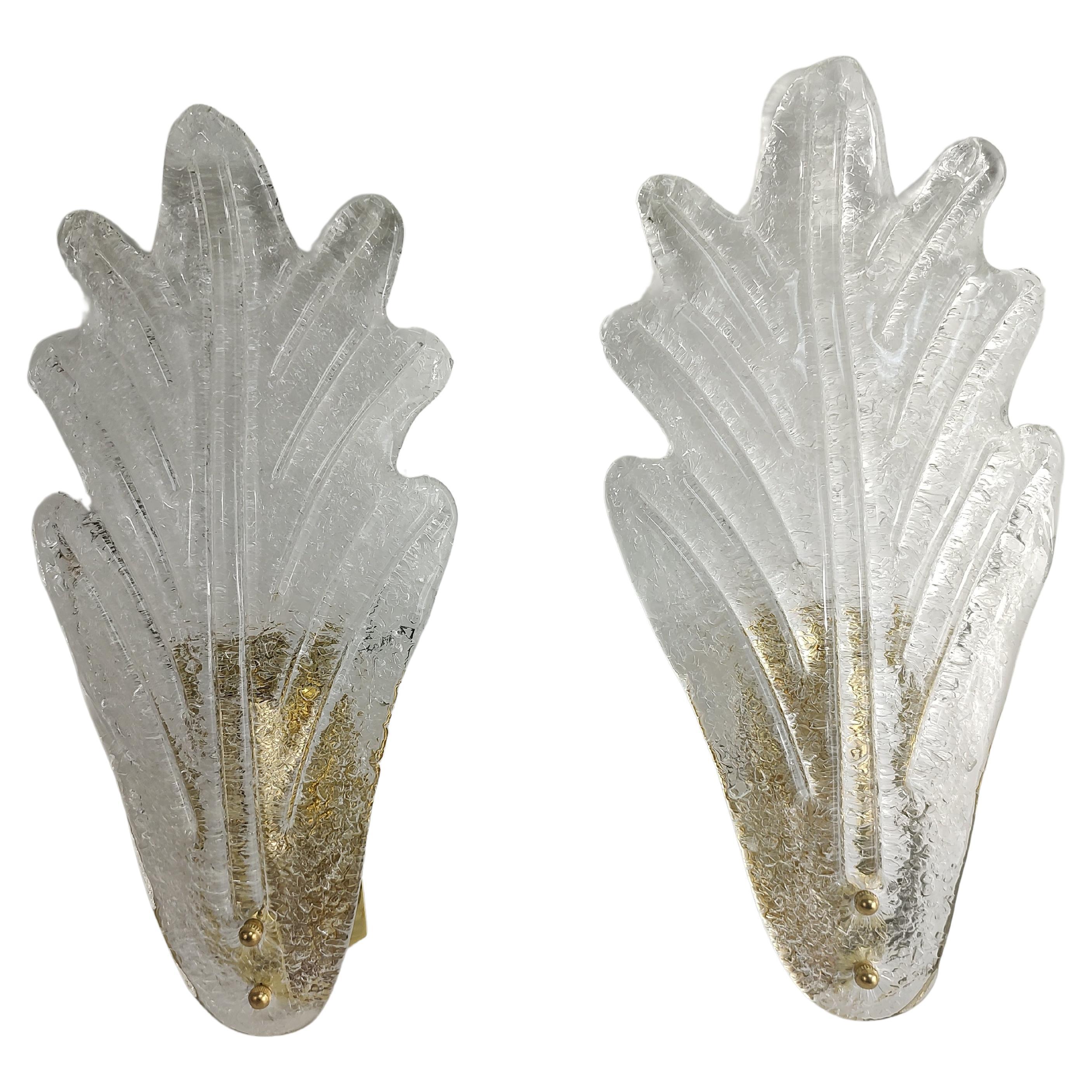 Italienische Murano Satz von 2 Paaren mattiert Blatt Glas Wandleuchter im Angebot
