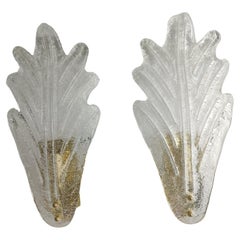 Italian Murano Set of 2 Pairs Frosted Leaf Glass Sconces 