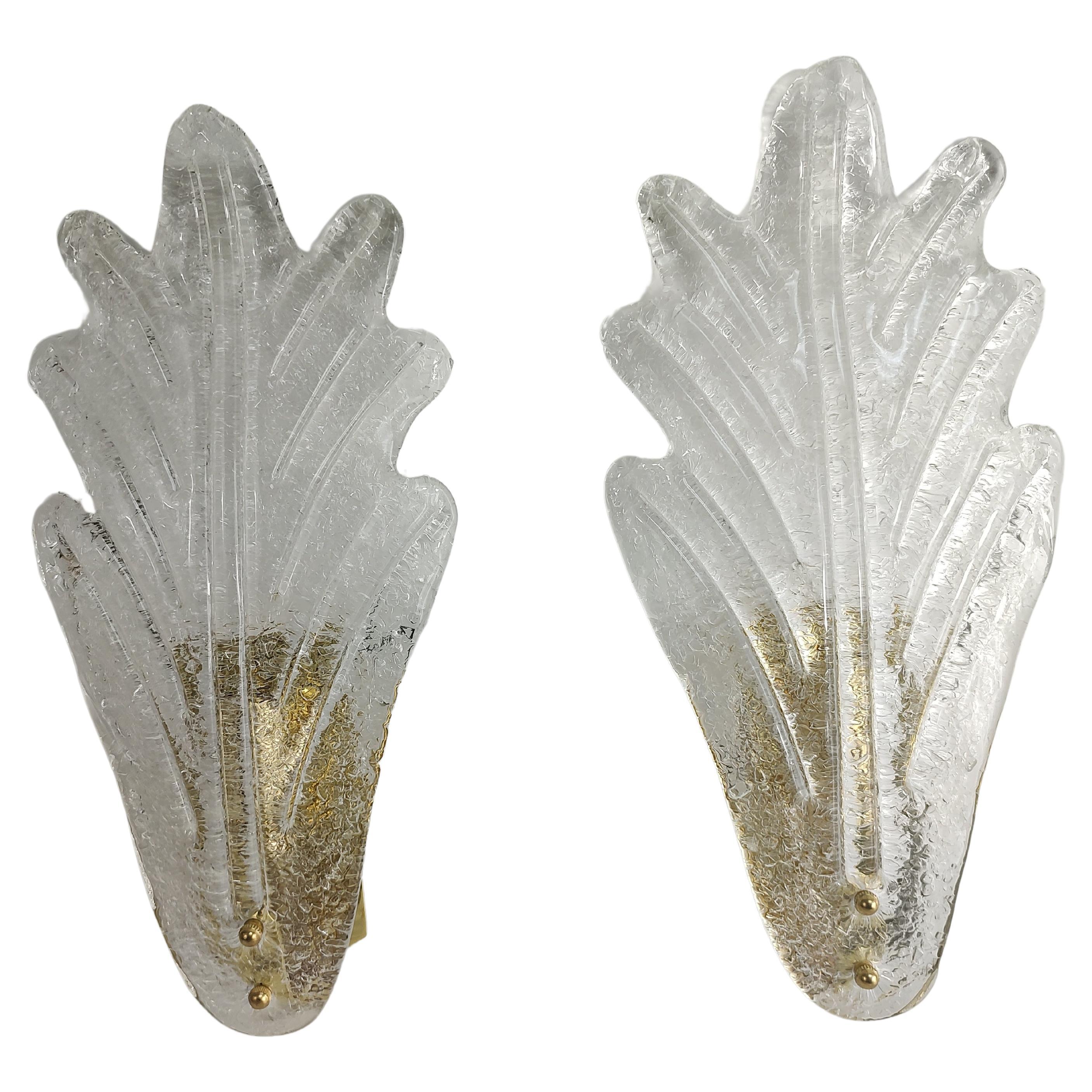 Modern Italian Murano Set of 2 Pairs Frosted Leaf Glass Sconces  For Sale