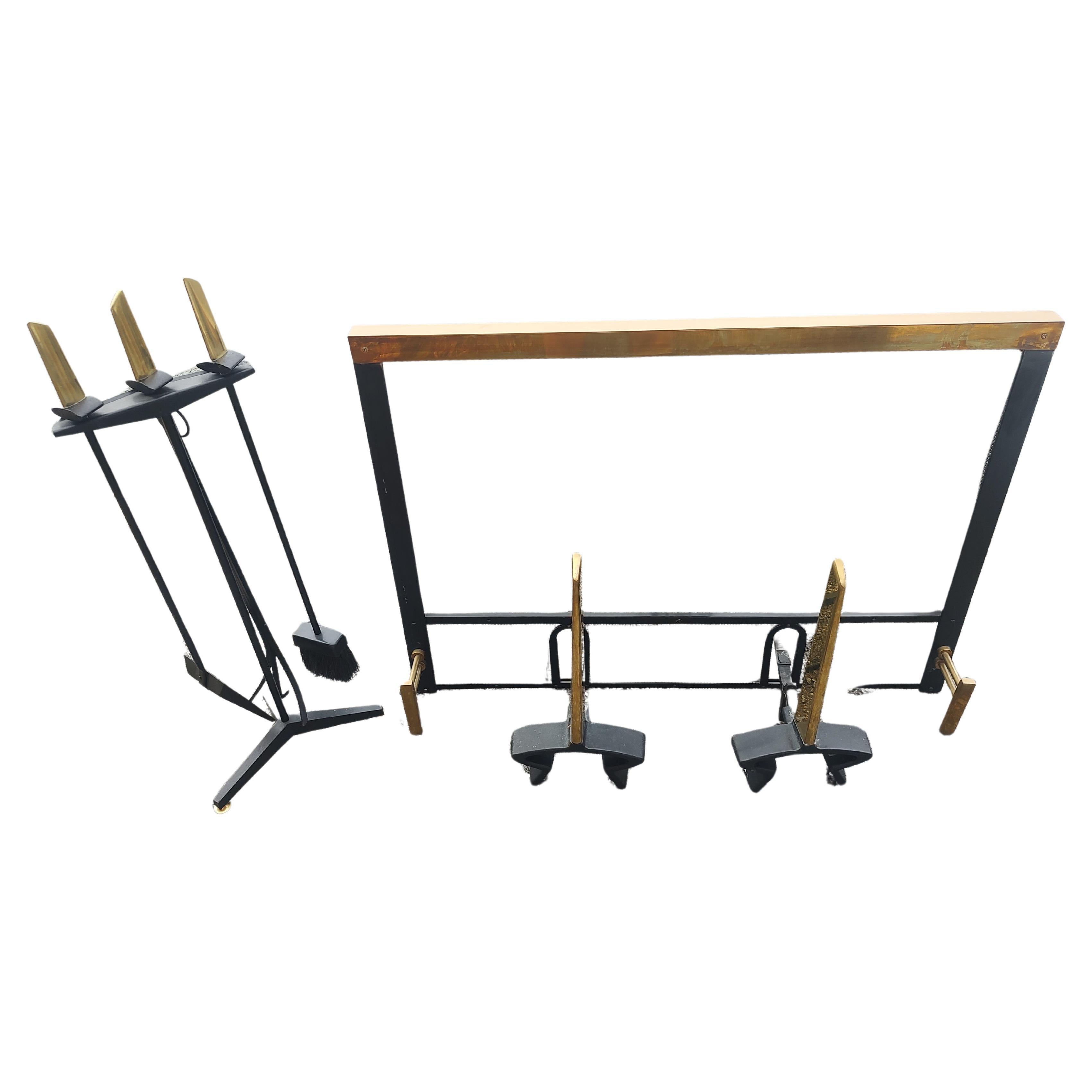 Ensemble 7 pièces The Modernity de Donald Deskey Écran de cheminée Outils et chenets