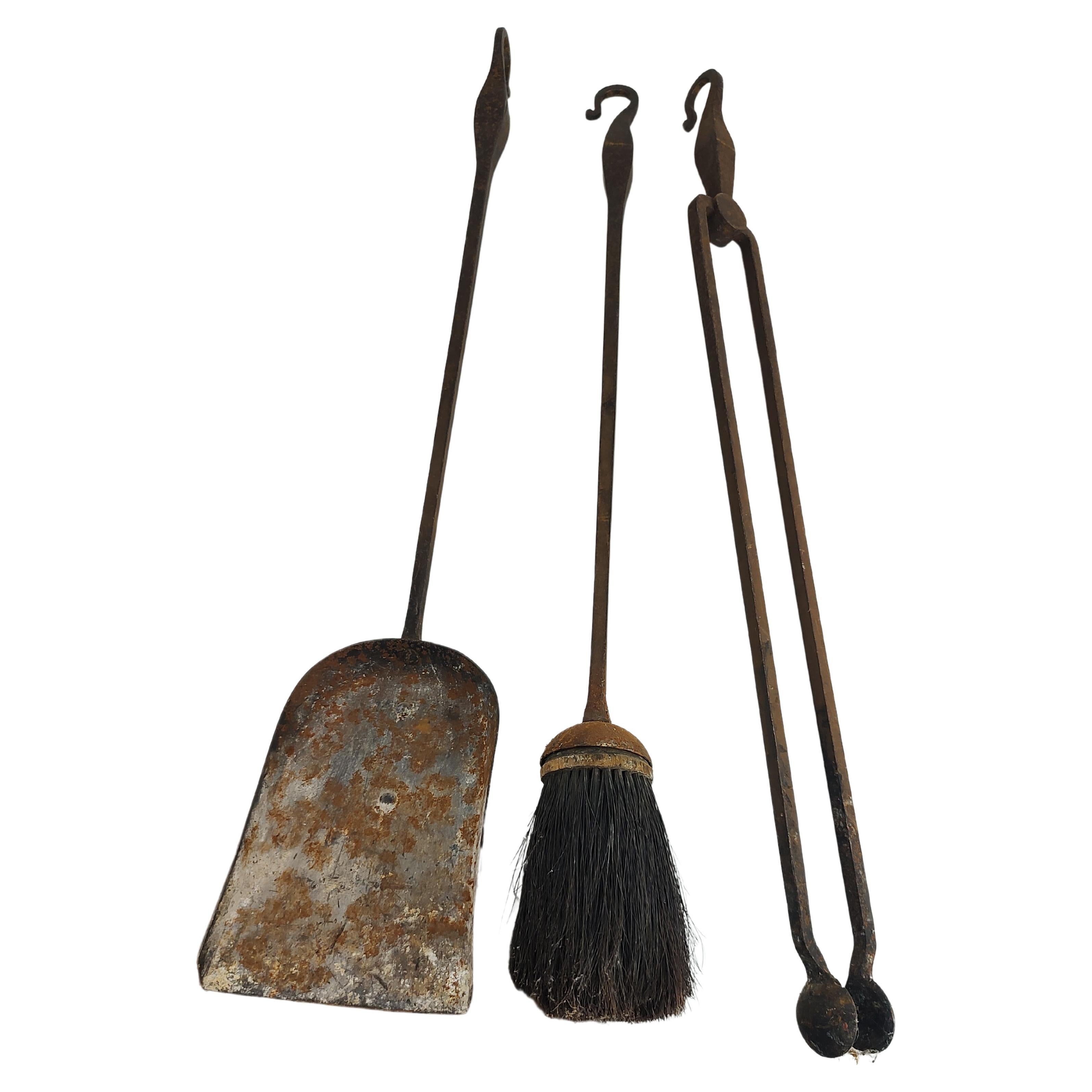 Cast 19th Century Hand Forged Iron Fireplace Tools 4 Piece Set For Sale