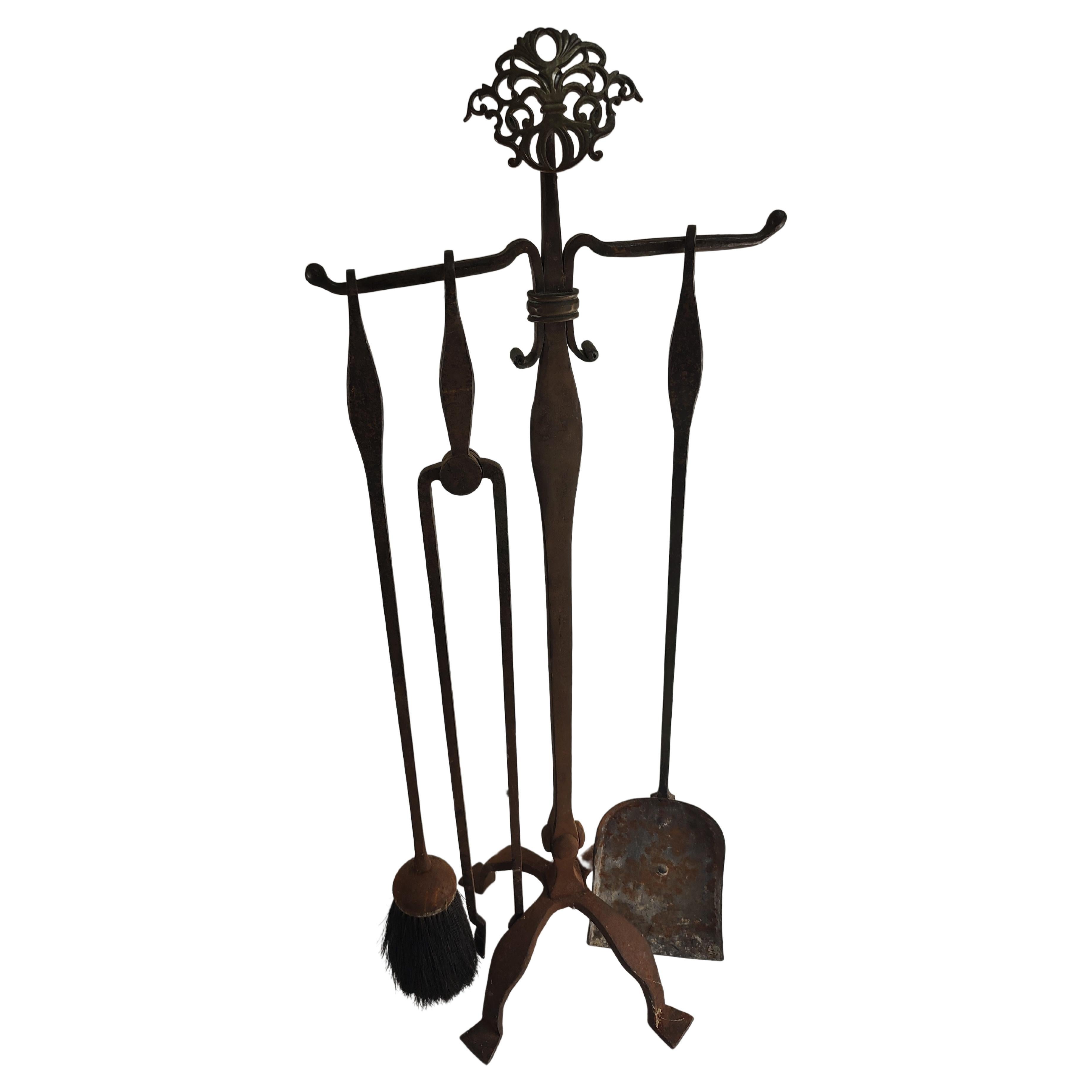 19th Century Hand Forged Iron Fireplace Tools 4 Piece Set For Sale