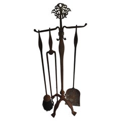 19th Century Hand Forged Iron Fireplace Tools 4 Piece Set