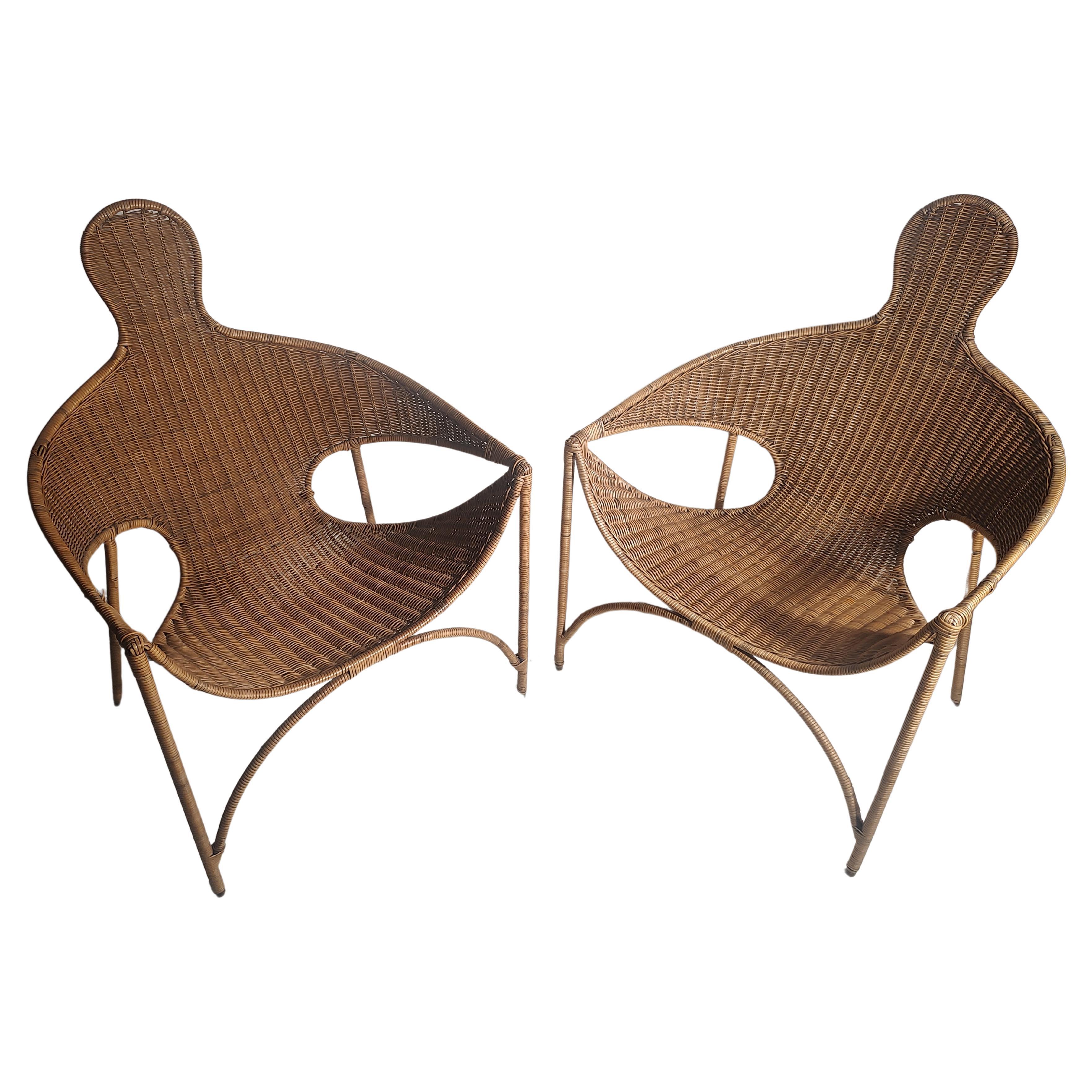 Pair of Mid Century Modern Sculptural Wicker & Iron Lounge Chairs Francis Mair  For Sale