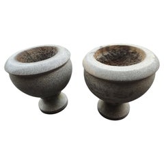 Antique Pair of Early 20th Century Hand Chiseled & Polished Granite Garden Urns Planters