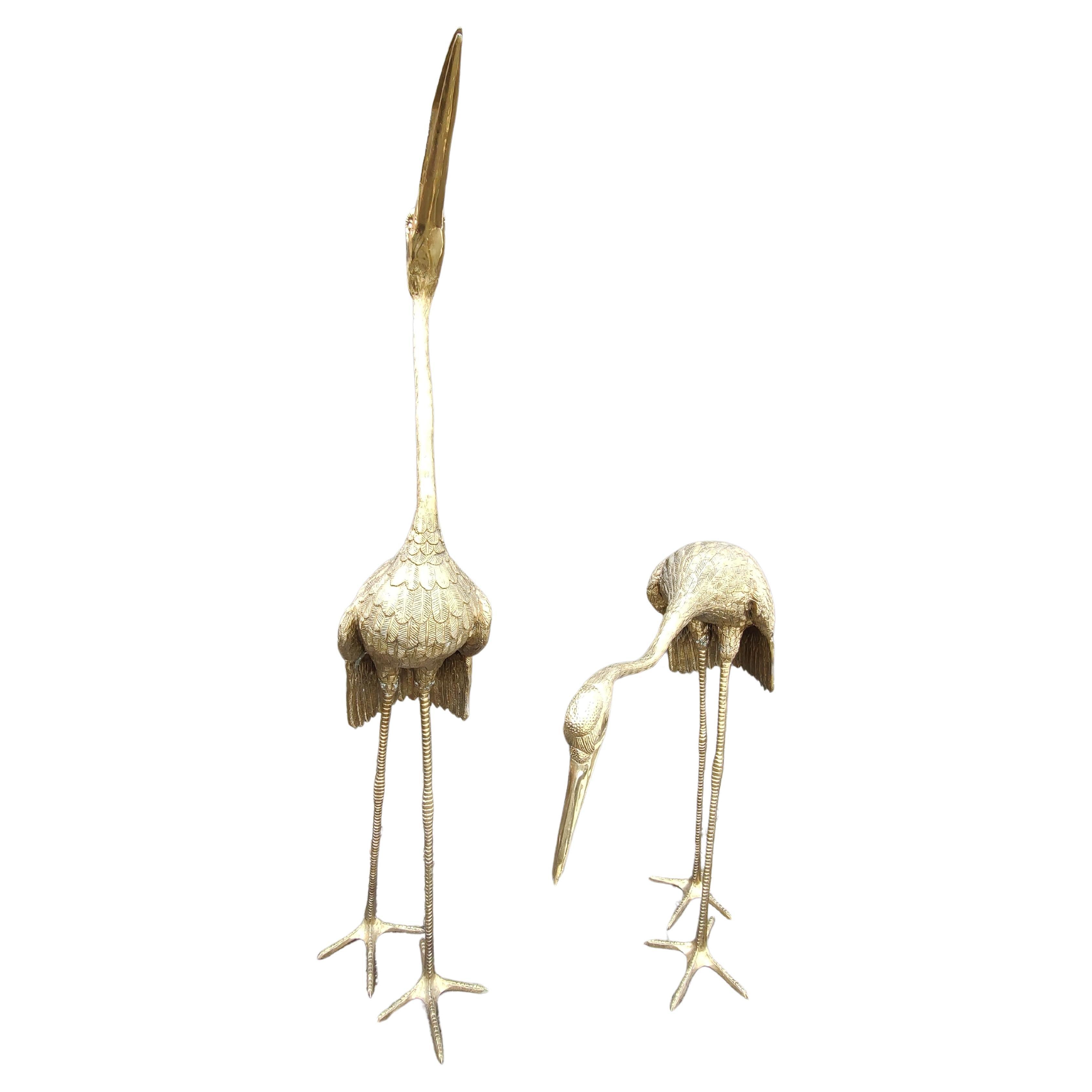 Late 20th Century Pair of Large Brass Garden Cranes / Herons Statuary Indoor - Outdoor C1970 For Sale