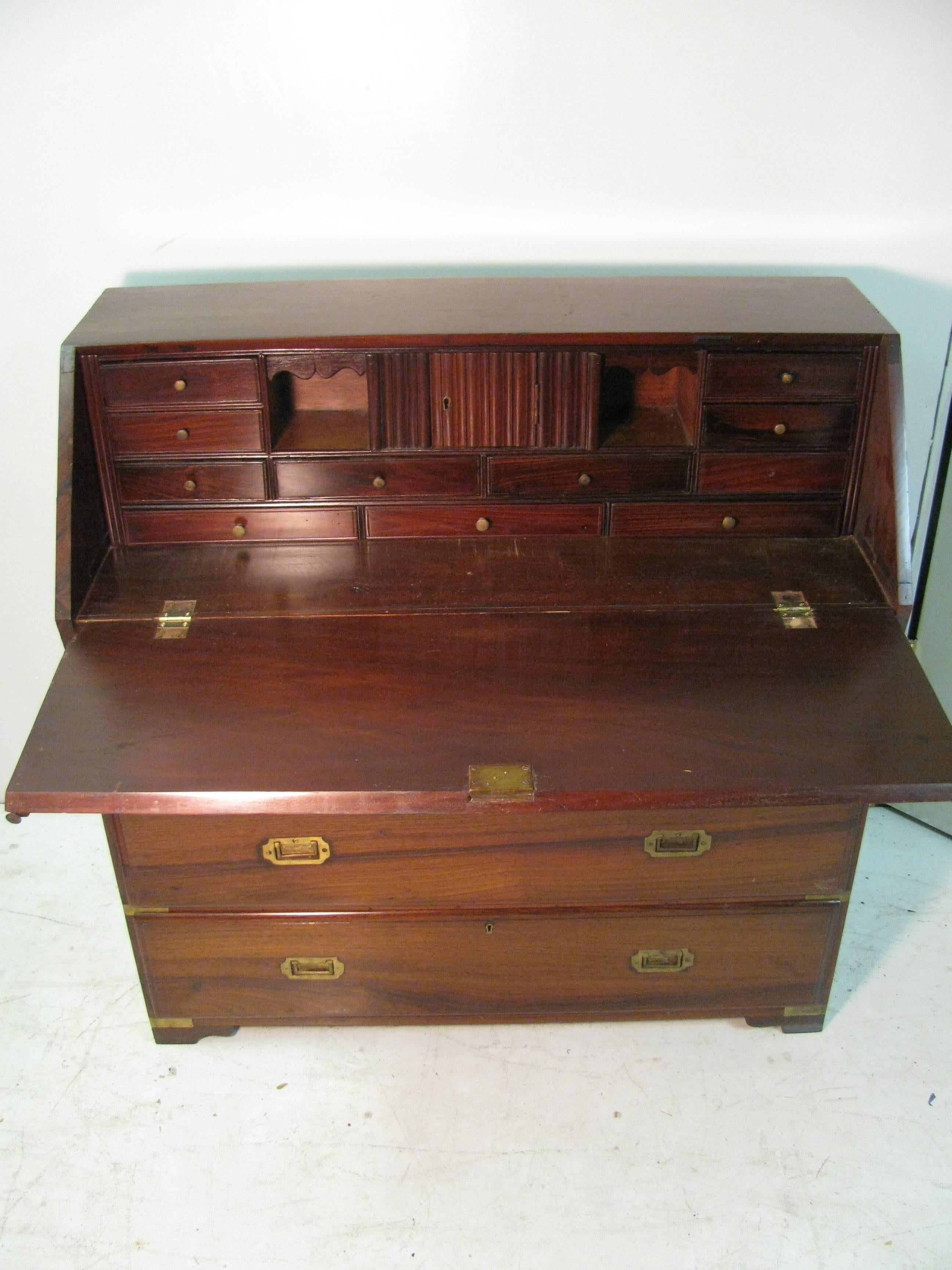 Brass 19th Century British Colonial Rosewood Campaign Desk