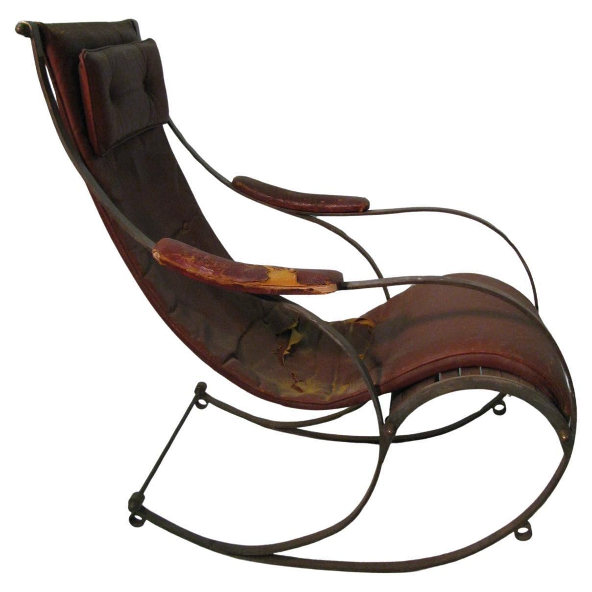 19th Century Campaign Iron with Leather Rocking Chair R.W. Winfield For Sale