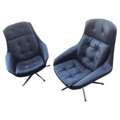 Pair of Mid Century Danish Modern Leather Swivel Lounge Chairs by Bramin