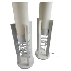 Vintage Pair of Art Deco Machine Age Cylindrical Table Lamps with Frosted Glass Shades