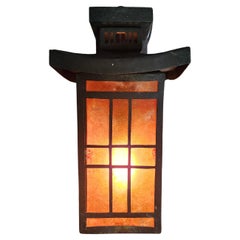 Pair of Art Deco Bronze Pagoda Style Outdoor Wall Sconces with Mica Shades