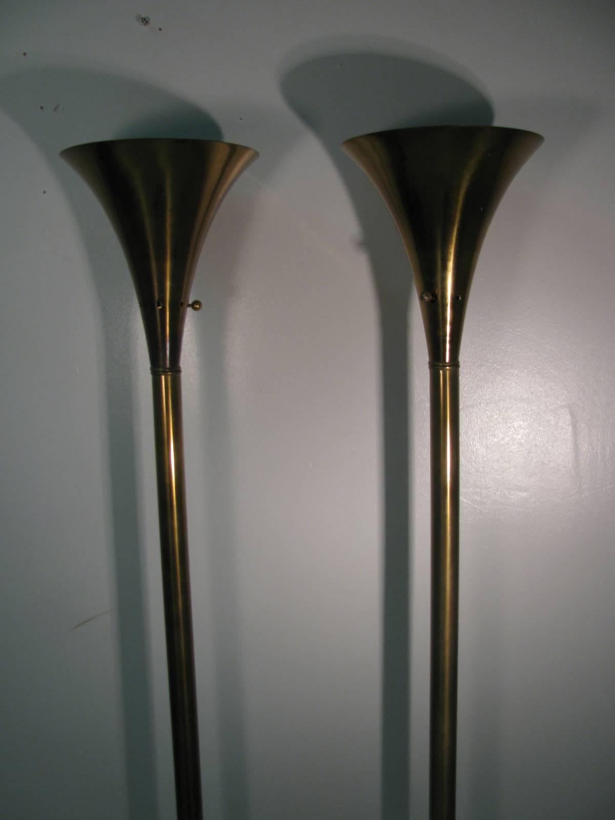 Pair of Laurel Brass Torchiere Floor Lamps 1