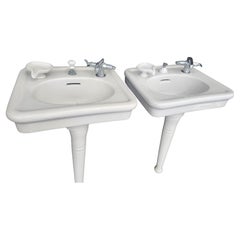 Antique Pair of Art Deco Pedestal Porcelain Sinks by Crane "Peg Leg" Idalia C1919