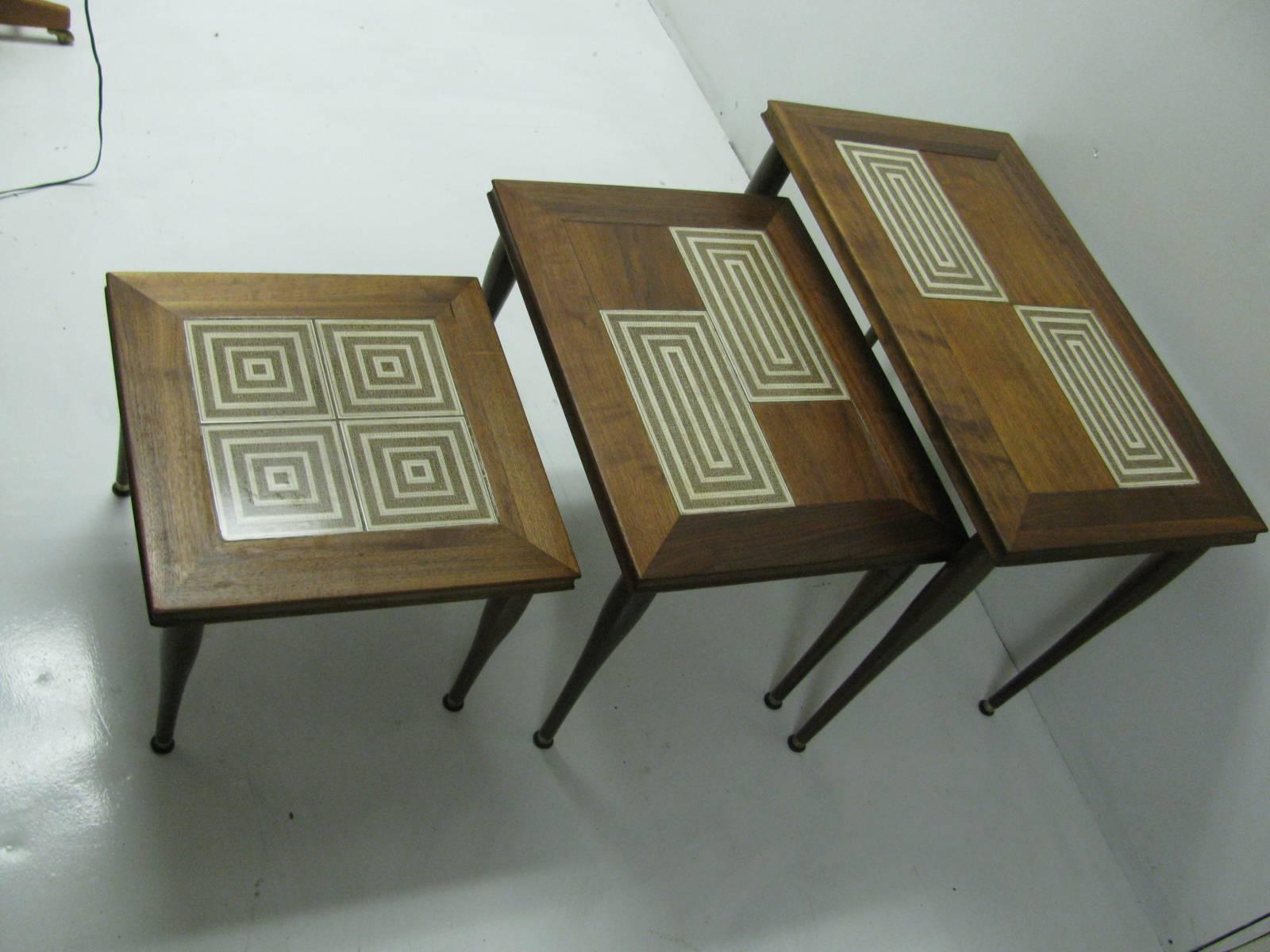 Walnut tables with ceramic tiles. Middle table is 23.75 x 18 x18 height. Smaller table is 18 x 18 x 14.25 height.