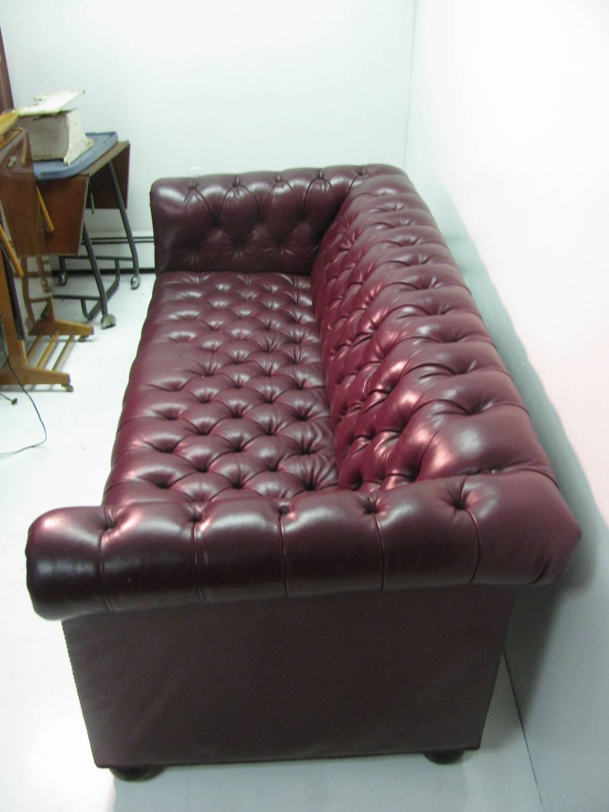 American Mid Century Chesterfield Leather Two-Seat Sofa in Burgundy Red