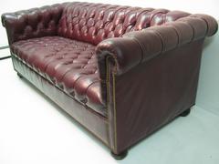 Mid Century Chesterfield Leather Two-Seat Sofa in Burgundy Red