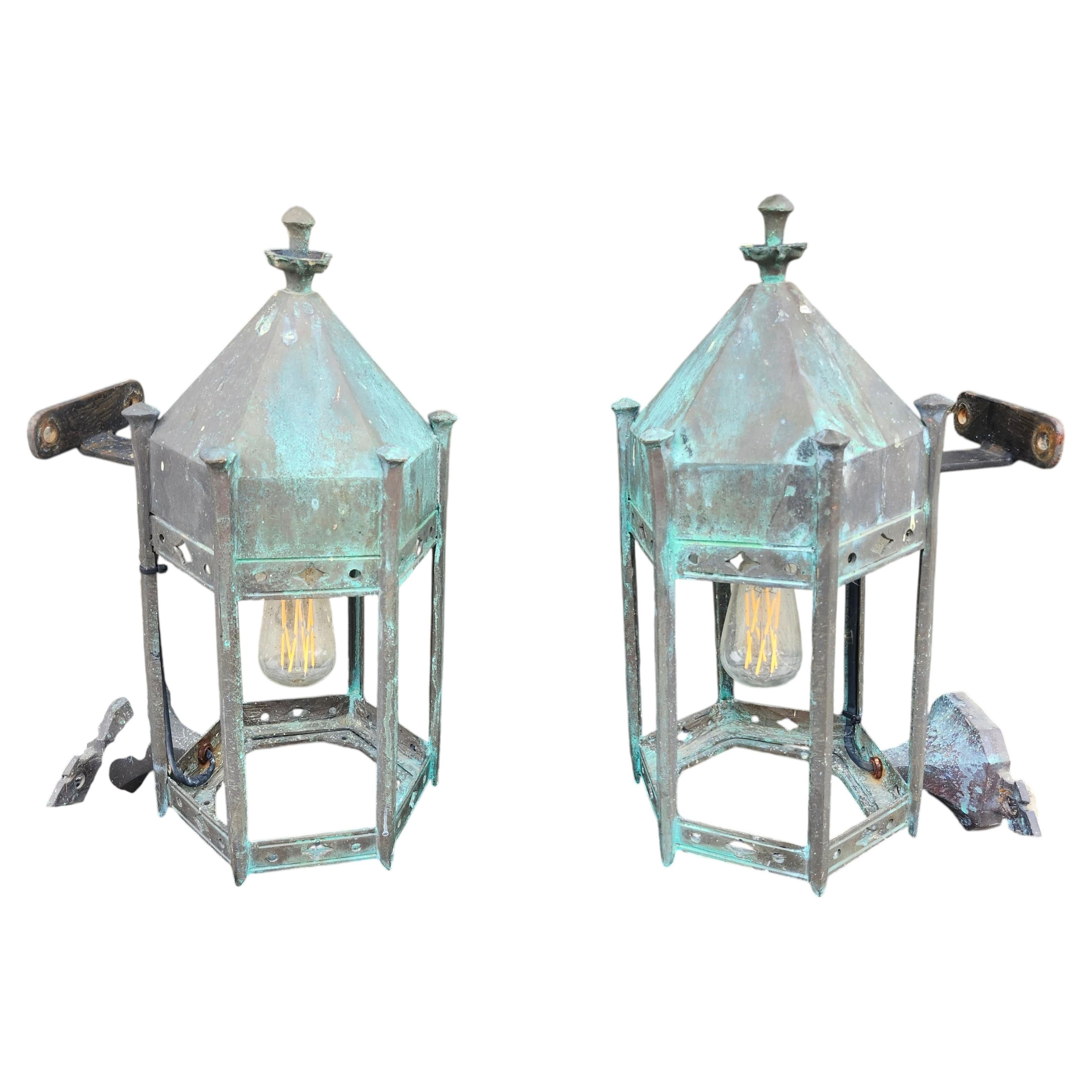 Pair Early 20th Century Gothic Style Bronze Outdoor Sconces by Bradley & Hubbard For Sale