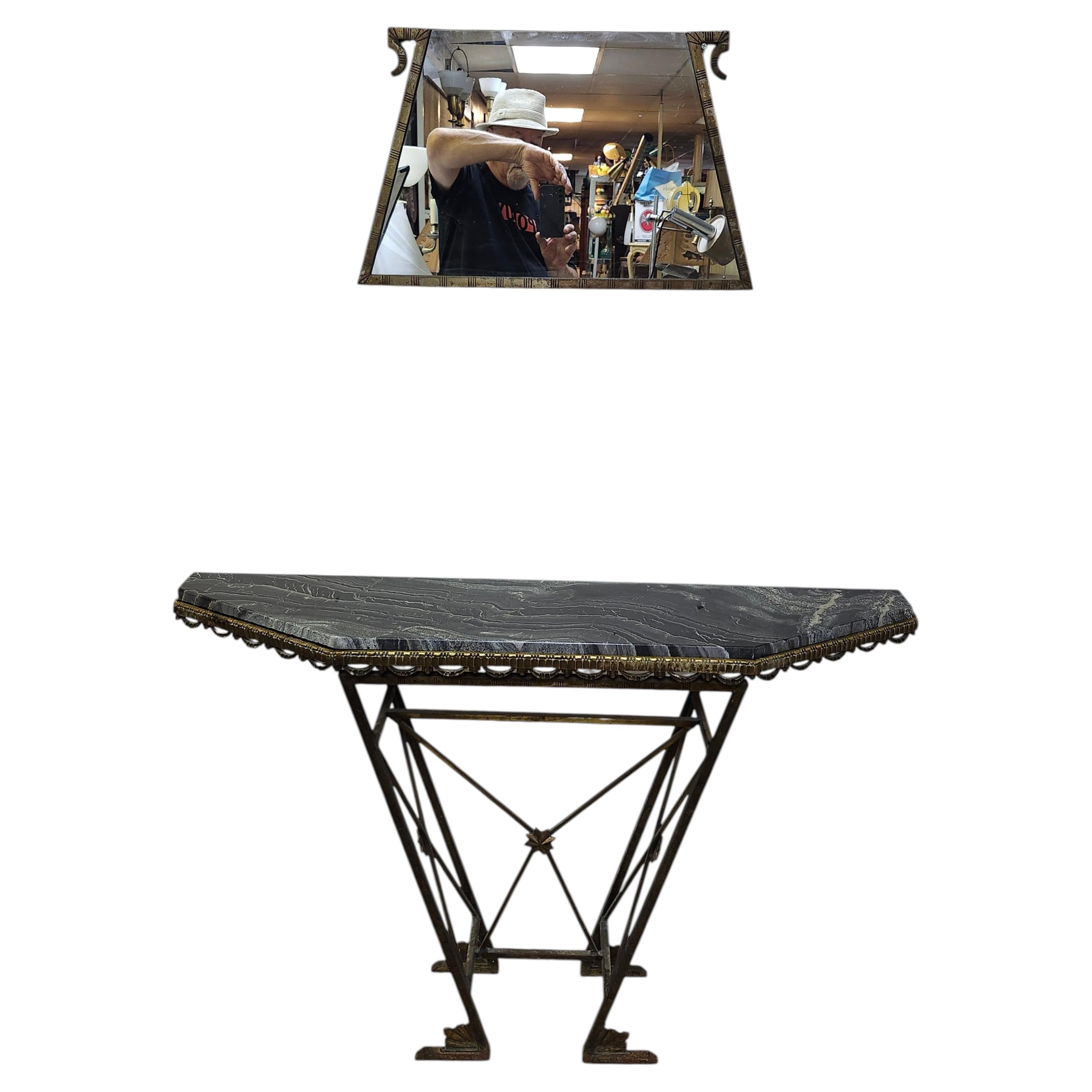 French Art Deco Console Table, Cast Iron & Brass, Granite Top & a Mirror C1930 For Sale