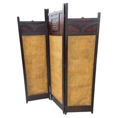 Mission Oak Arts & Crafts Paneled Room Divider with a Copper Relief Panel Burlap