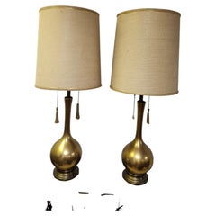 Pair of Mid-Century Modern Sculptural Bulbous Gilt Brass Table Lamps C1955