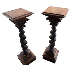 Pair of Hand Carved Walnut Pedestals w Oak & Vine & Barley Twist Art Noveau 1875