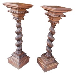 Pair of Hand Carved Walnut Pedestals w Oak & Vine & Barley Twist Art Noveau 1875