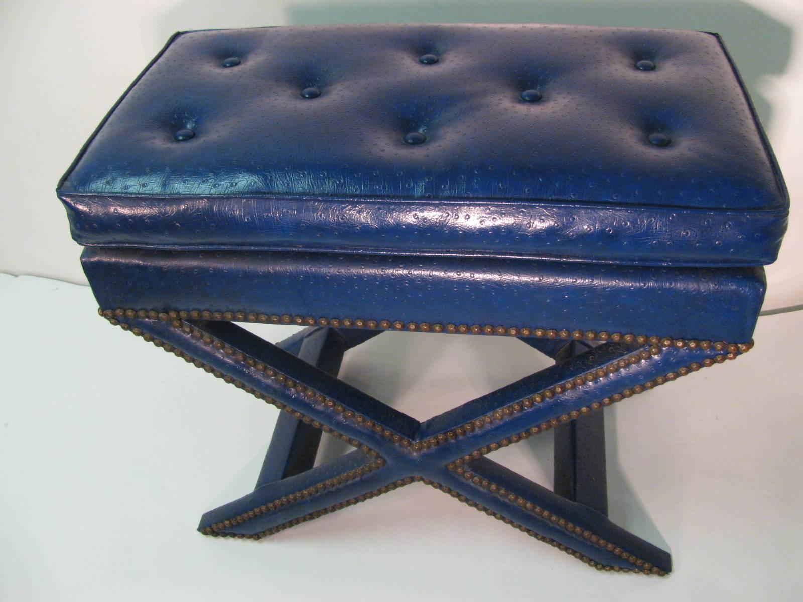 Hollywood Regency Pair of Benches Ottomans Style of Billy Baldwin Faux Ostrich Leather