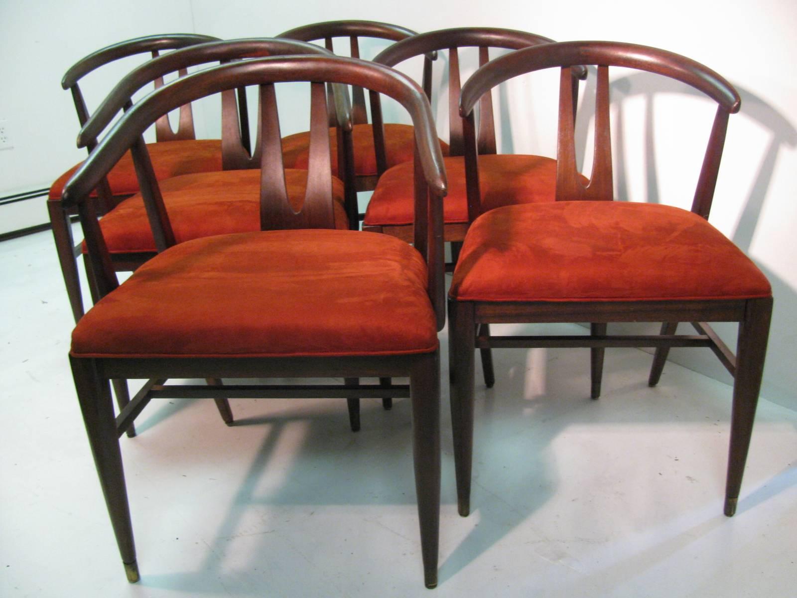 Beautiful and fully restored mahogany chairs. Newly upholstered in a cinnamon-red cotton velvet. Dovetailed construction on the backs of each chair. 5 chairs were just added to this set of 6, making 11. Now there are 4 arm chairs and 7 sides. All