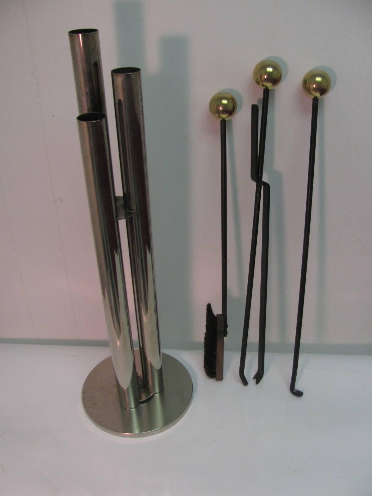 American Modernist Set of Chrome With Brass Fireplace Tools