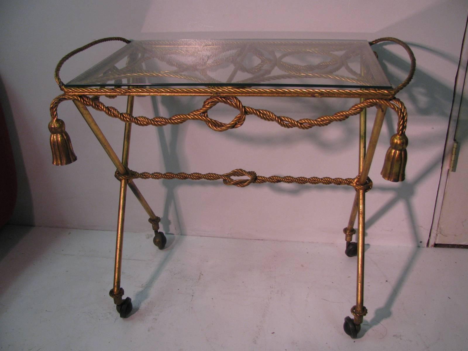 Glass Italian Mid Century Modern Brass Gilt Rope and Tassel Bar Cart For Sale