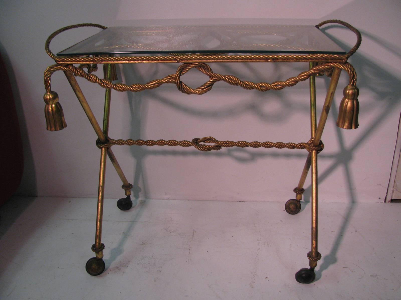 Italian Mid Century Modern Brass Gilt Rope and Tassel Bar Cart For Sale 1