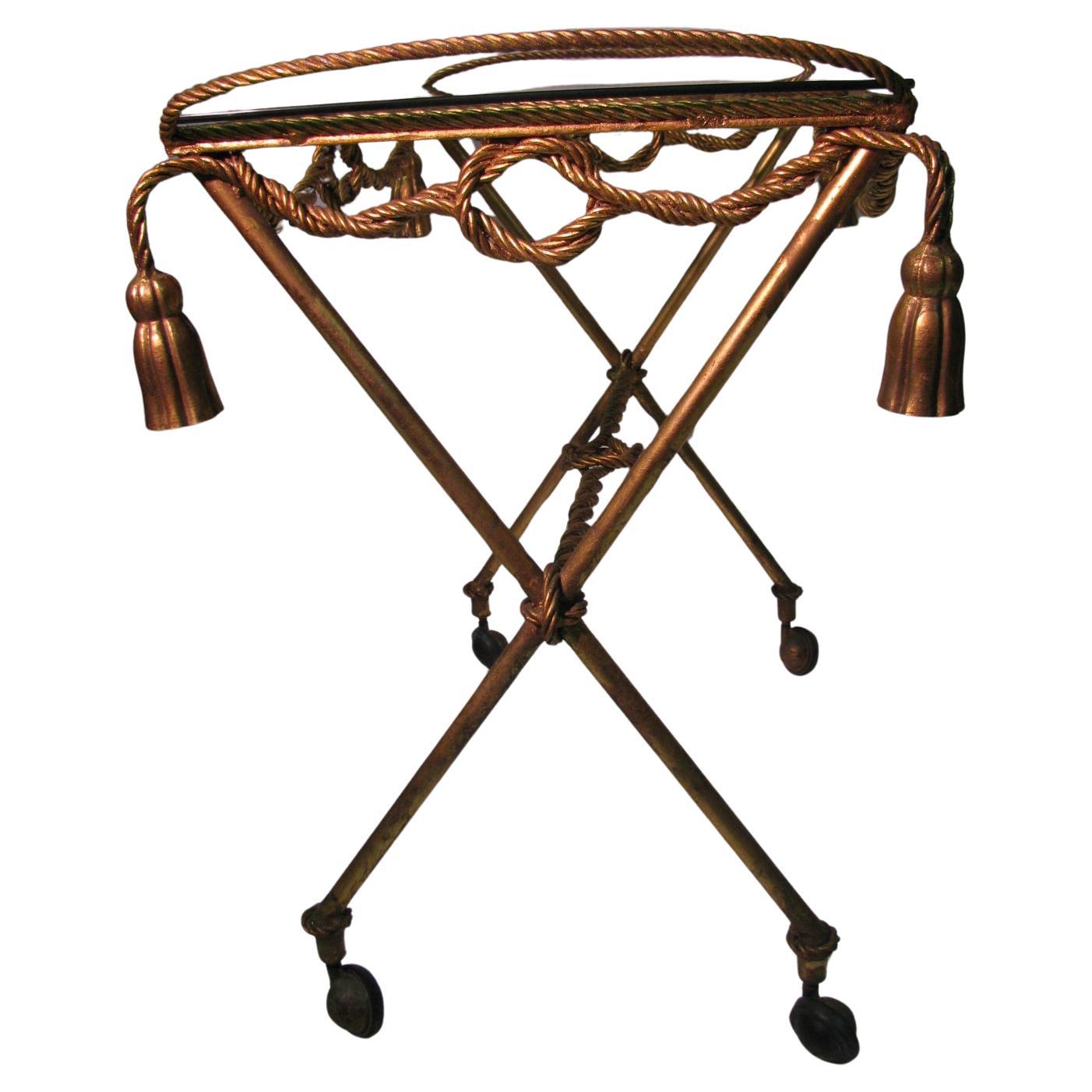 Mid-20th Century Italian Mid Century Modern Brass Gilt Rope and Tassel Bar Cart For Sale