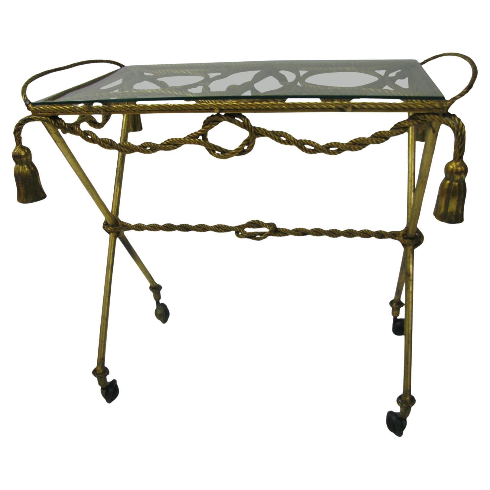 Italienische Mid Century Modern Messing vergoldet Seil und Tassel Bar Cart