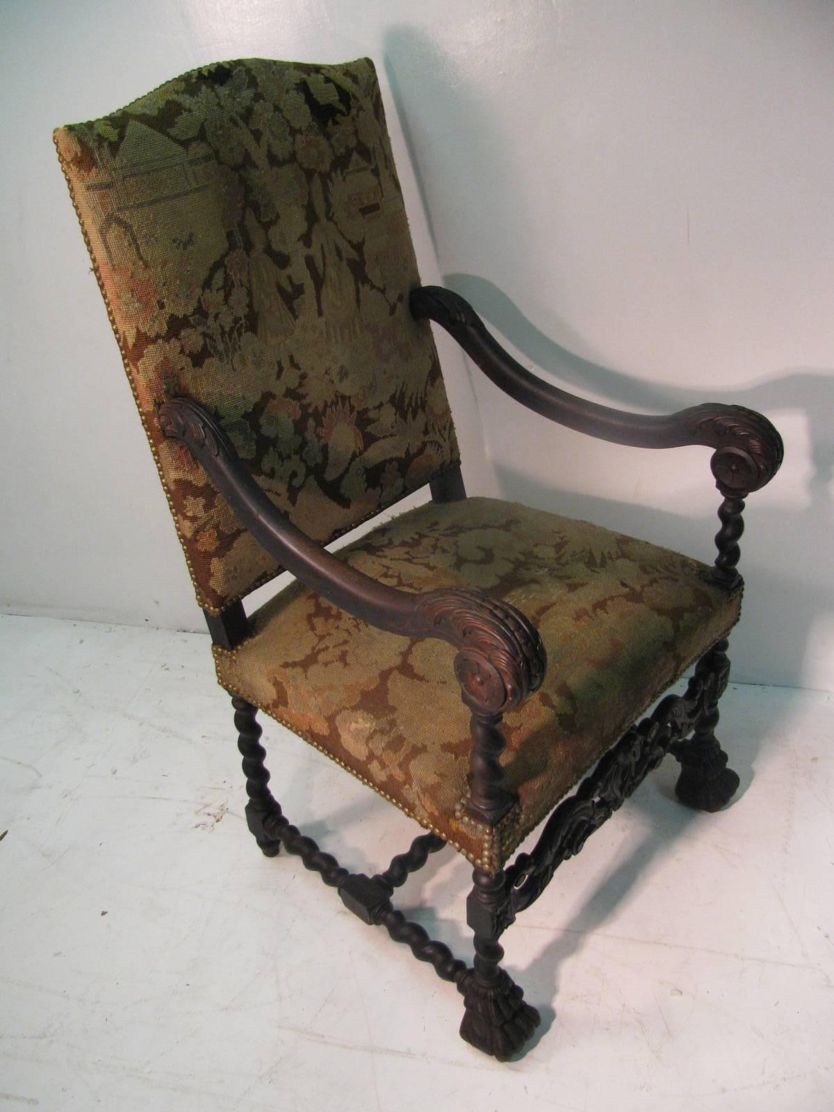 Fabulous carved tall back throne chair from France. Original fabric that shows some stains and age appropriate wear.