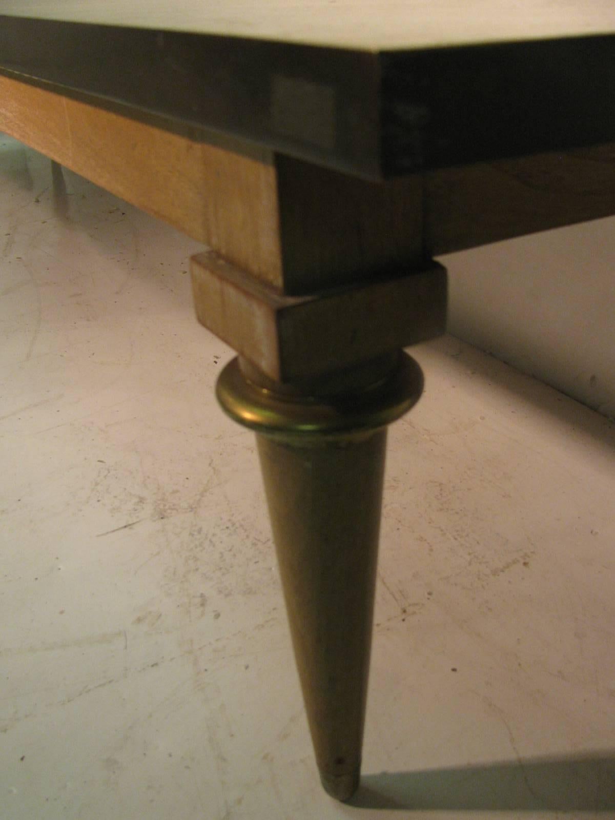 Brass Mid Century Modern Custom Made Tesselated Travertine Cocktail Table For Sale