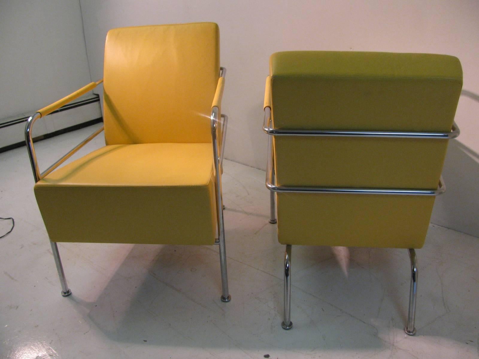 Fabulous Pair of Mid-Century Modern Leather with Chrome Club Lounge Chairs 1
