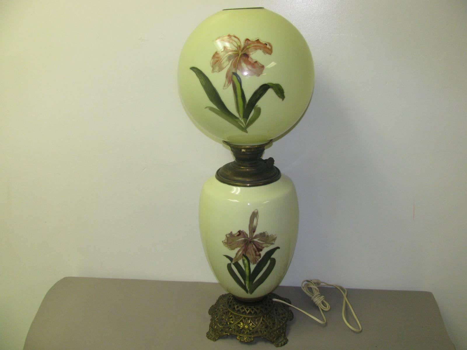 Hand-Painted Victorian Hurricane Lamp by Success In Good Condition In Port Jervis, NY