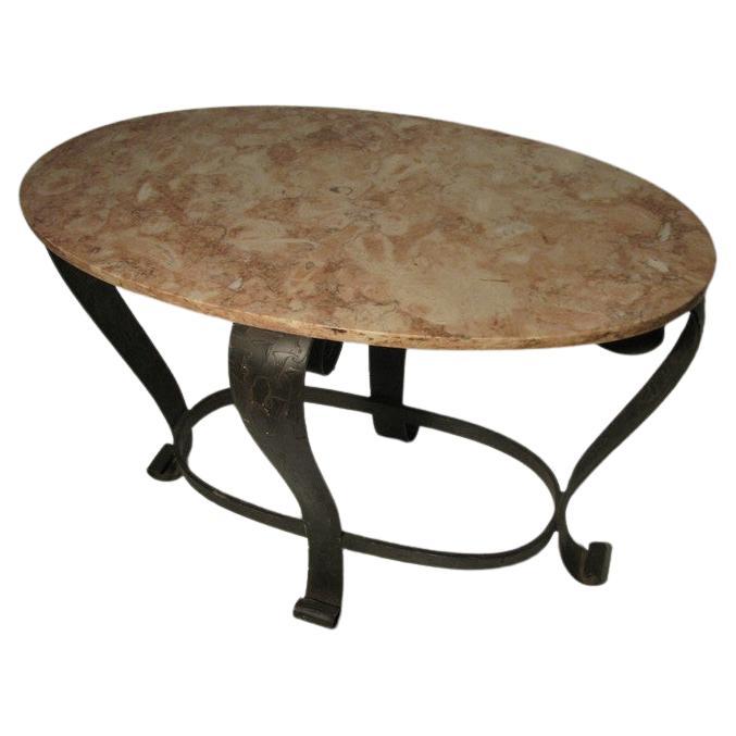Mid Century French Bronzed Iron & Pink Rose Marble-Top Center Console Table For Sale