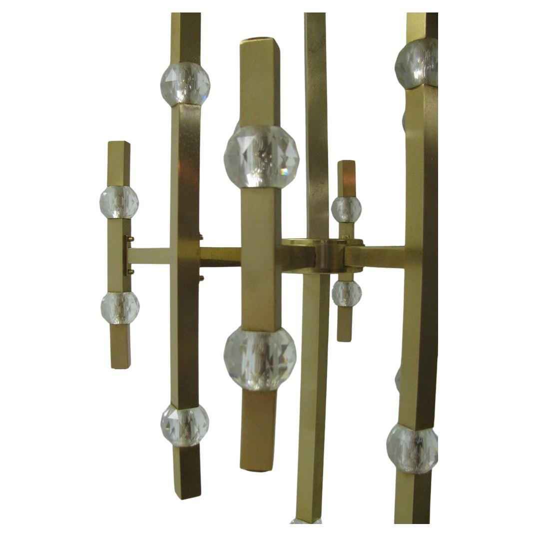 Italian Mid Century Modern Gaetano Scolari Satin Brass and Crystal Chandelier For Sale