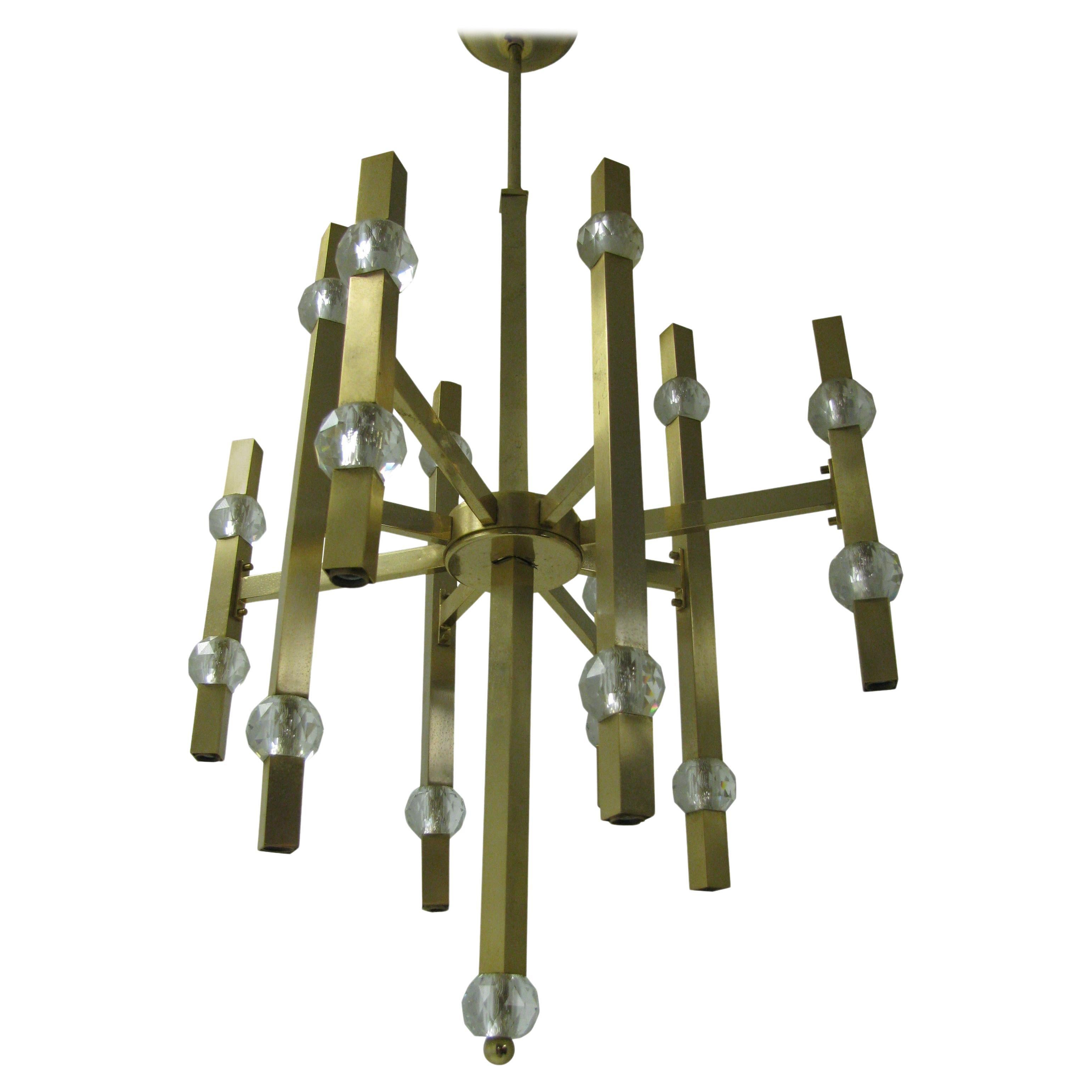 Mid Century Modern Gaetano Scolari Satin Brass and Crystal Chandelier