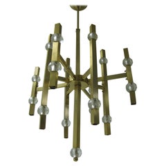 Vintage Mid Century Modern Gaetano Scolari Satin Brass and Crystal Chandelier