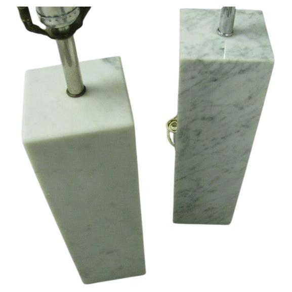 Hand-Crafted Pair of Mid Century Modern Architectural Square Marble Column Table Lamps Style For Sale