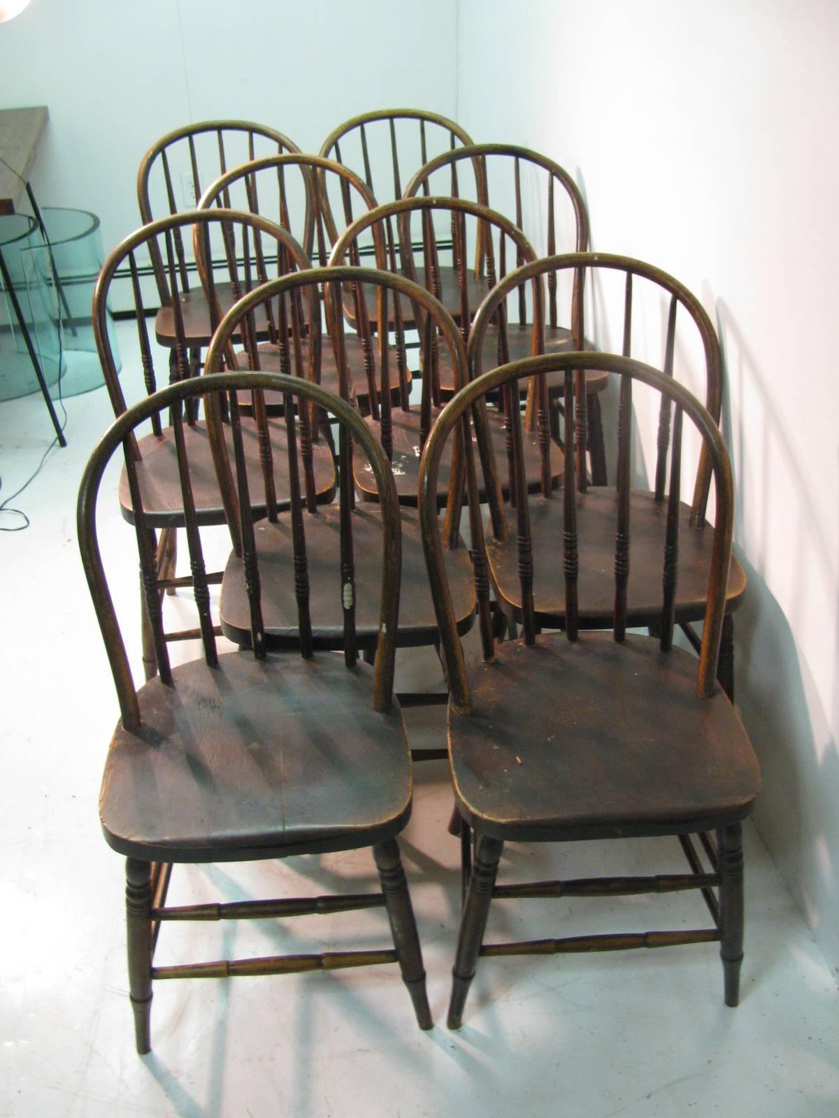 Set of ten windsor style chairs. Worn in the Ralph Lauren style, but tight, chairs have been reglued.