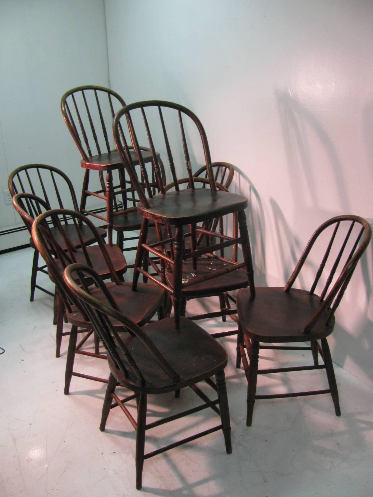 Hand-Crafted Classic Set of Ten Primitive Windsor Bow Back Chairs