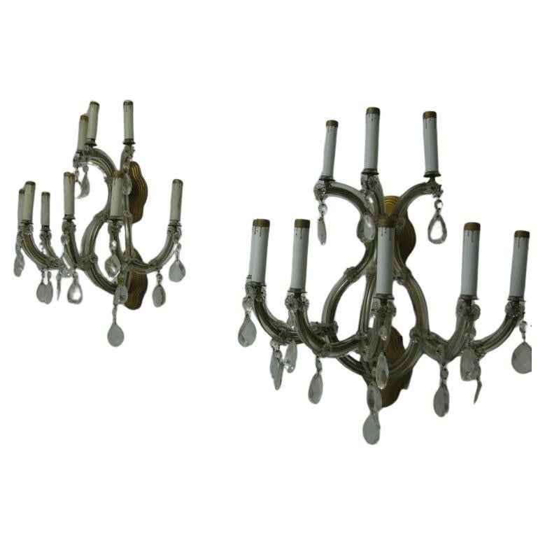 Pair of Large Mid-Century Venetian Glass Nine-Arm Two-Tier Sconces For Sale