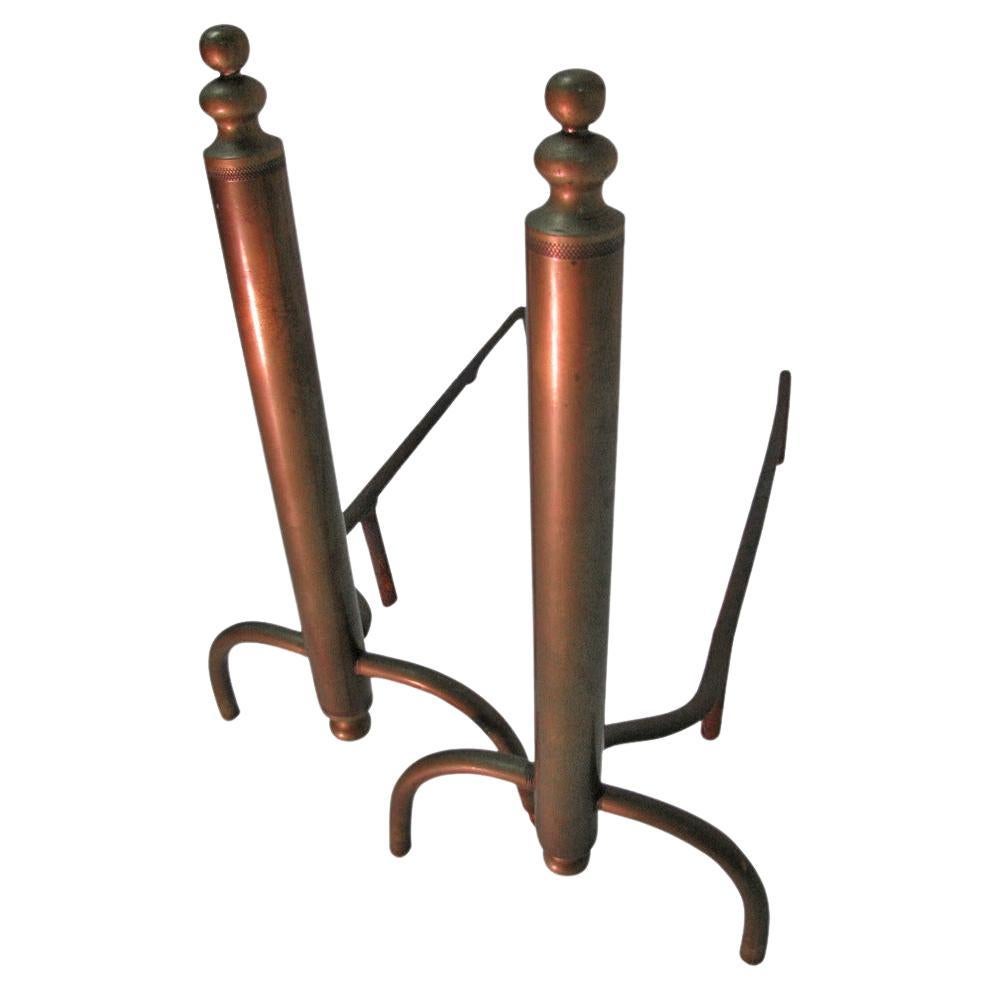 Mid Century Modernist Machined Brass Fireplace Andirons For Sale