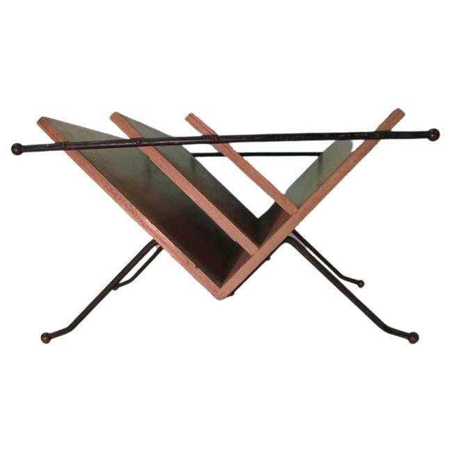 Style of Raymond Loewy Mid-Century Modern Iron and Wood Magazine Rack In Good Condition For Sale In Port Jervis, NY